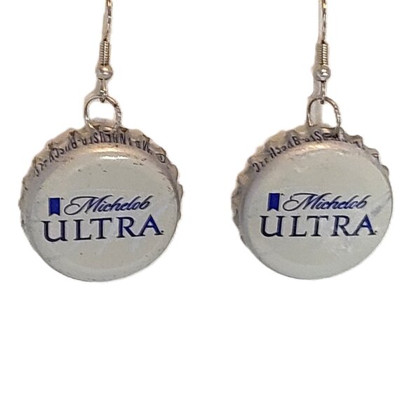 Silver Tone Michelob Ultra Silver Bottle Top Boho Drop Dangle Hook Earrings - Picture 4 of 6